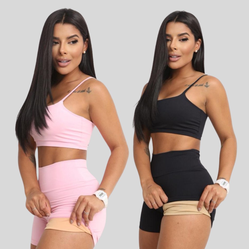Conjunto Academia Short e Top Duplo Poliamida Corrida Roupa de Treino Feminina Zero Transpar...
