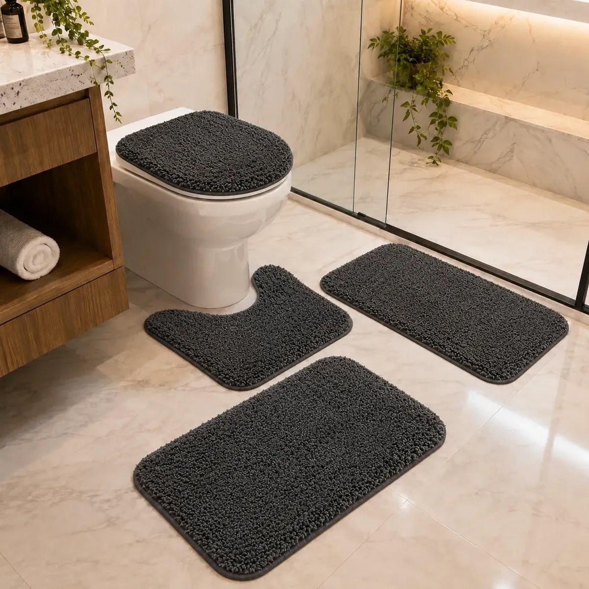 Conjunto Banheiro 4 Peças Tapete Preto Jogo Banheiro Oferta