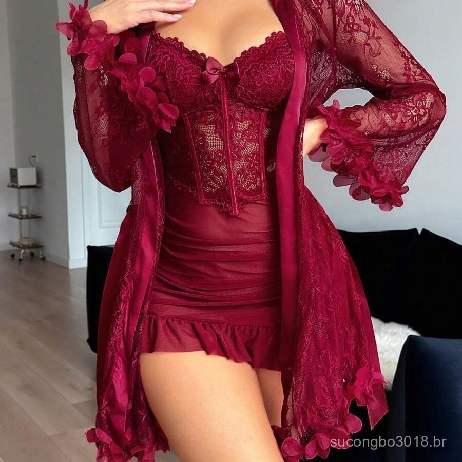 Conjunto de 2 Peças de Camisola e Roupão de Cetim com Renda e Gaze, Elegante e Sexy para Mul...
