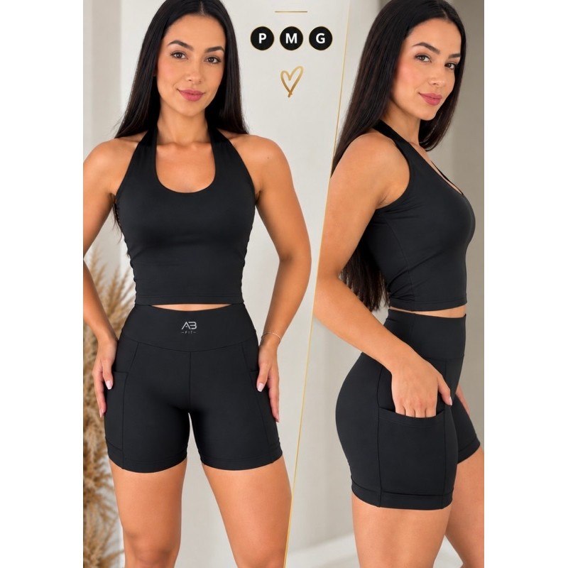Conjunto de Corrida Short Com Bolso Feminino Blusa Frente Única Fitness Academia Esporte