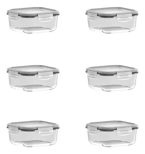 ➡️ Conjunto De Potes 6 Peças Quadrados 830ml Com Tampa Hermética Cristalino Marinex