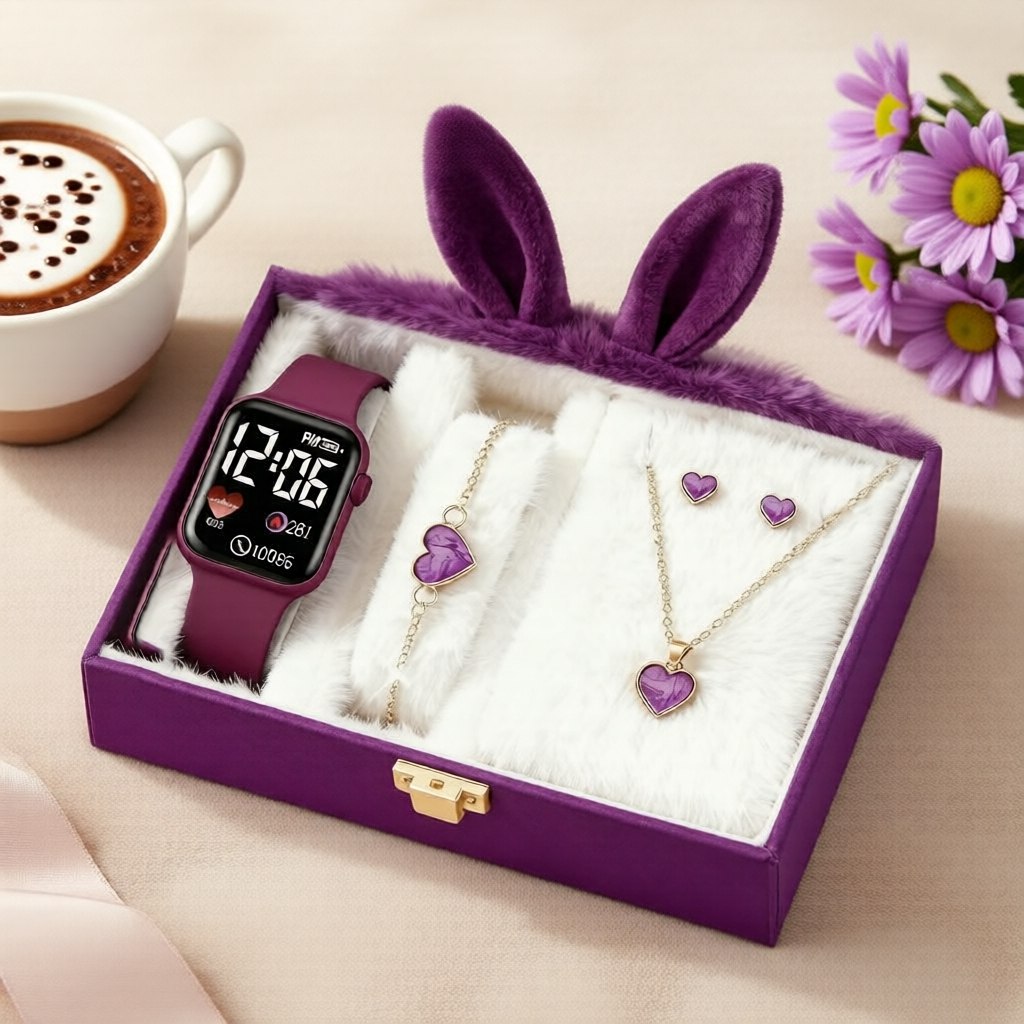 Conjunto de Relógio de Pulso Digital Sweet Heart para Meninas - Presente de Aniversário & Vo...