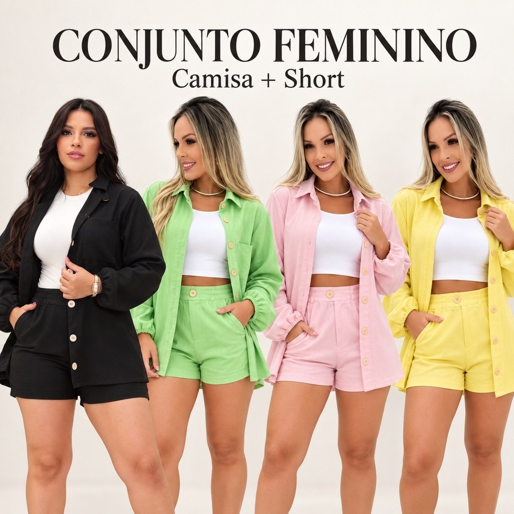 CONJUNTO FEMININO ALFAIATARIA CAMISA MANGA LONGA COM BOTÕES + SHORT CINTURA ALTA COR BEGE