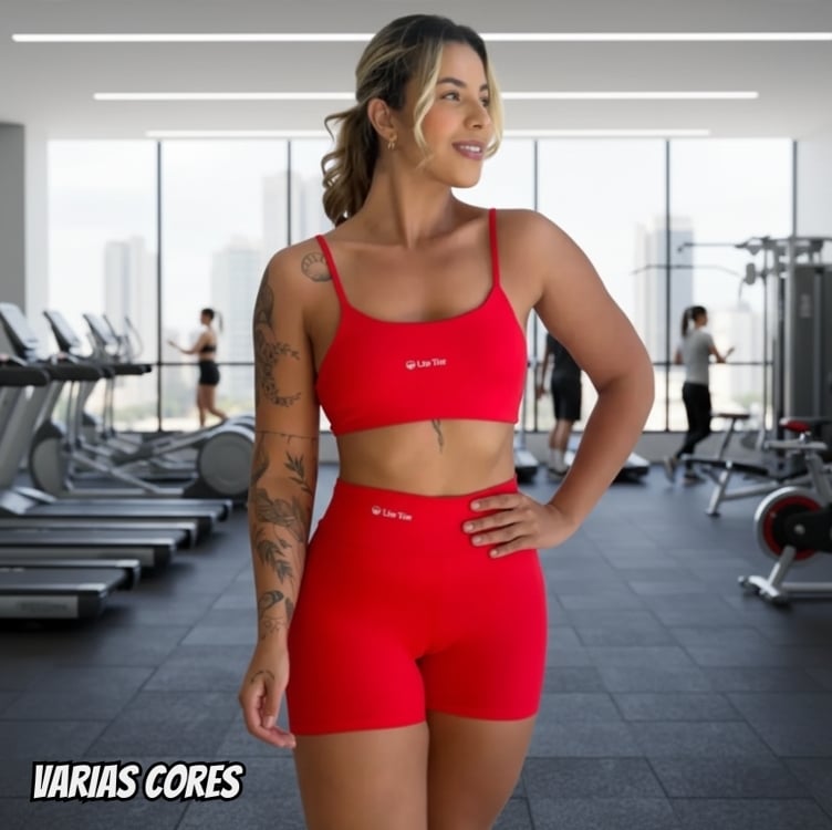 Conjunto Fitness Virginia Top Shorts Meia Coxa Cintura Alta