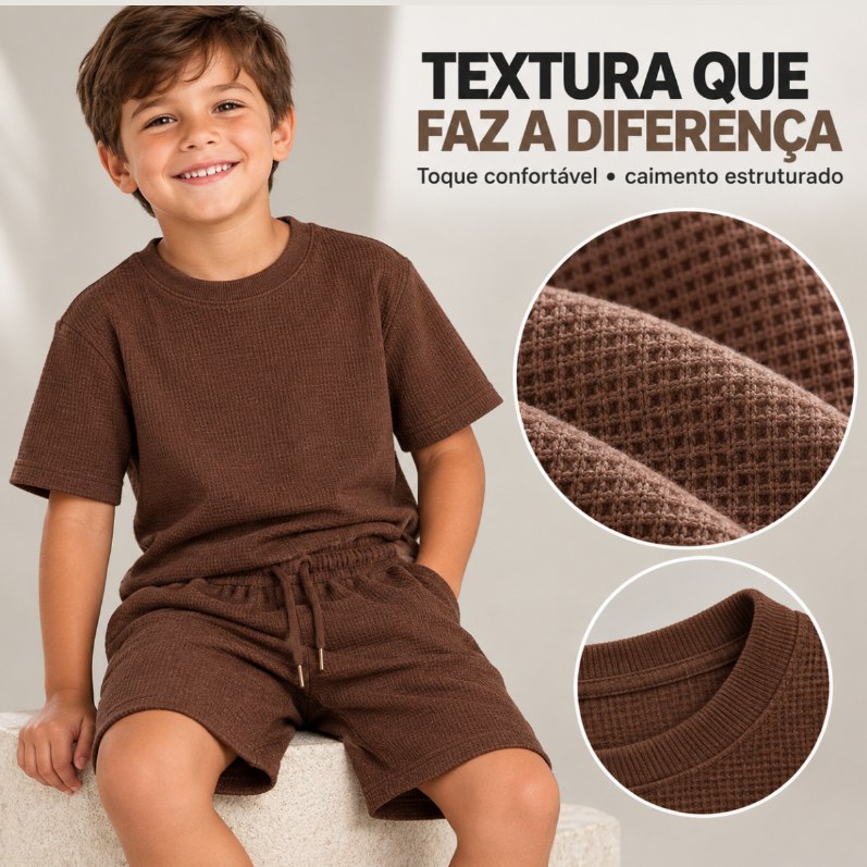 Conjunto Infantil Malha Texturizada Basico Camiseta Bermuda Verão Juvenil Criança
