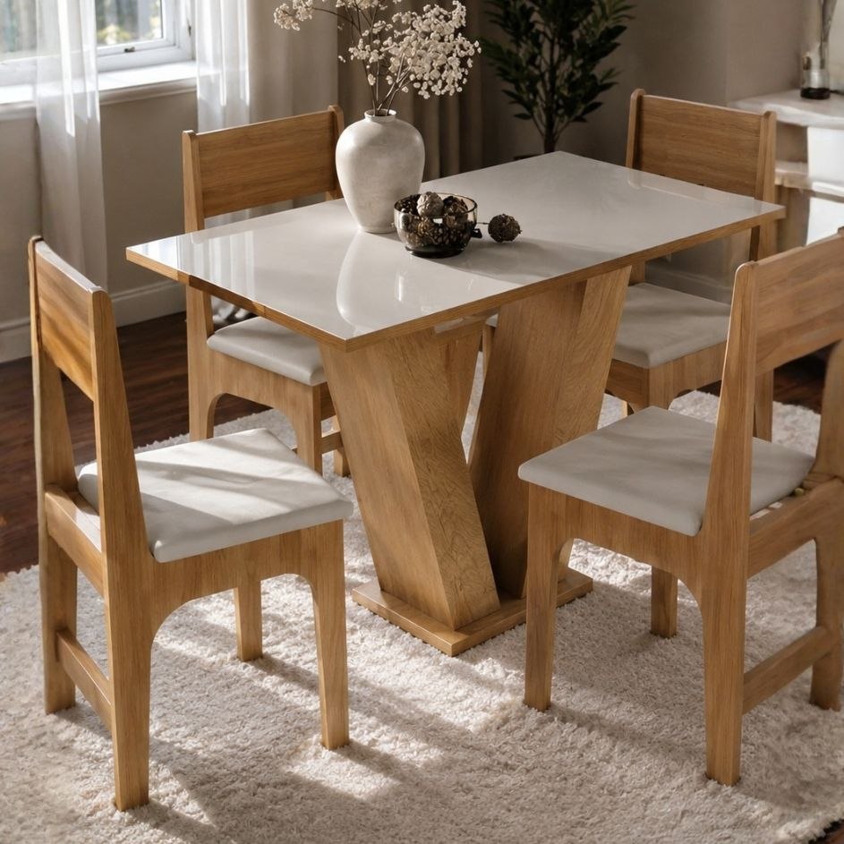 Conjunto Sala de Jantar 4 Lugares com Cadeiras Estofadas Mesa Com Tampo Retangular Semelhant...