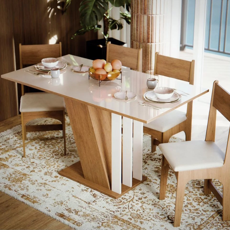 Conjunto Sala De Jantar Grande 4 Lugares Com Cadeiras Estofadas Reforçadas Mesa Completa Tam...