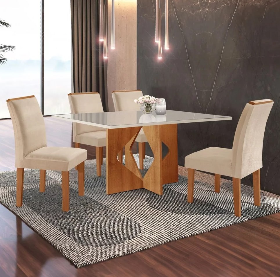 Conjunto Sala de Jantar Mesa Dakota Plus 120x80cm Tampo Vidro com 4 Cadeiras Laura Yescasa C...