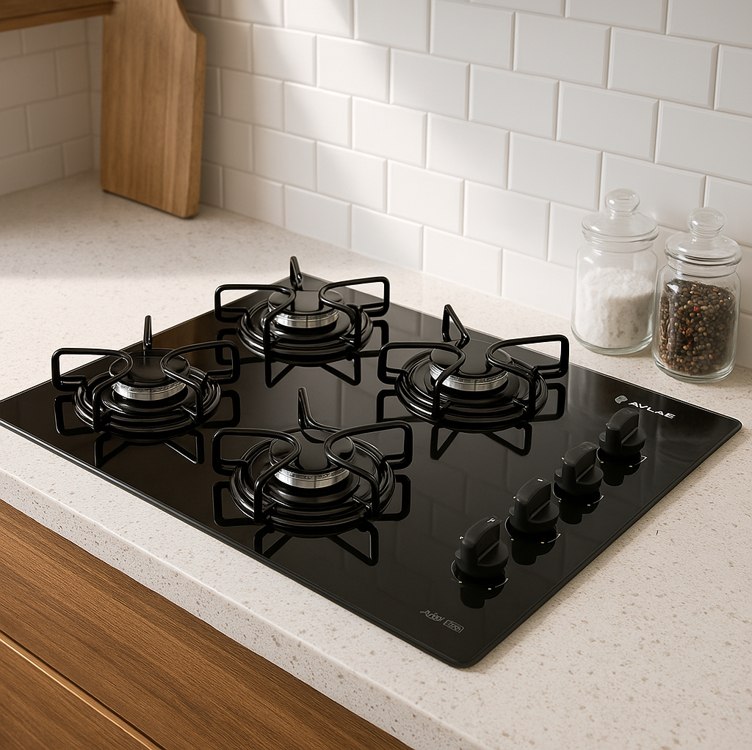 Cooktop 4 Bocas a Gás Atlas Agile Up com Mesa de Vidro e Queimador Mega Chama Preto Bivolt
