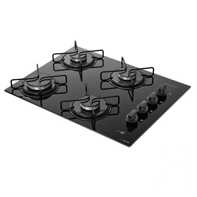 ➡️ COOKTOP 4 BOCAS A GÁS ATLAS AGILE UP COM MESA DE VIDRO E QUEIMADOR MEGA CHAMA PRETO BIVOLT
