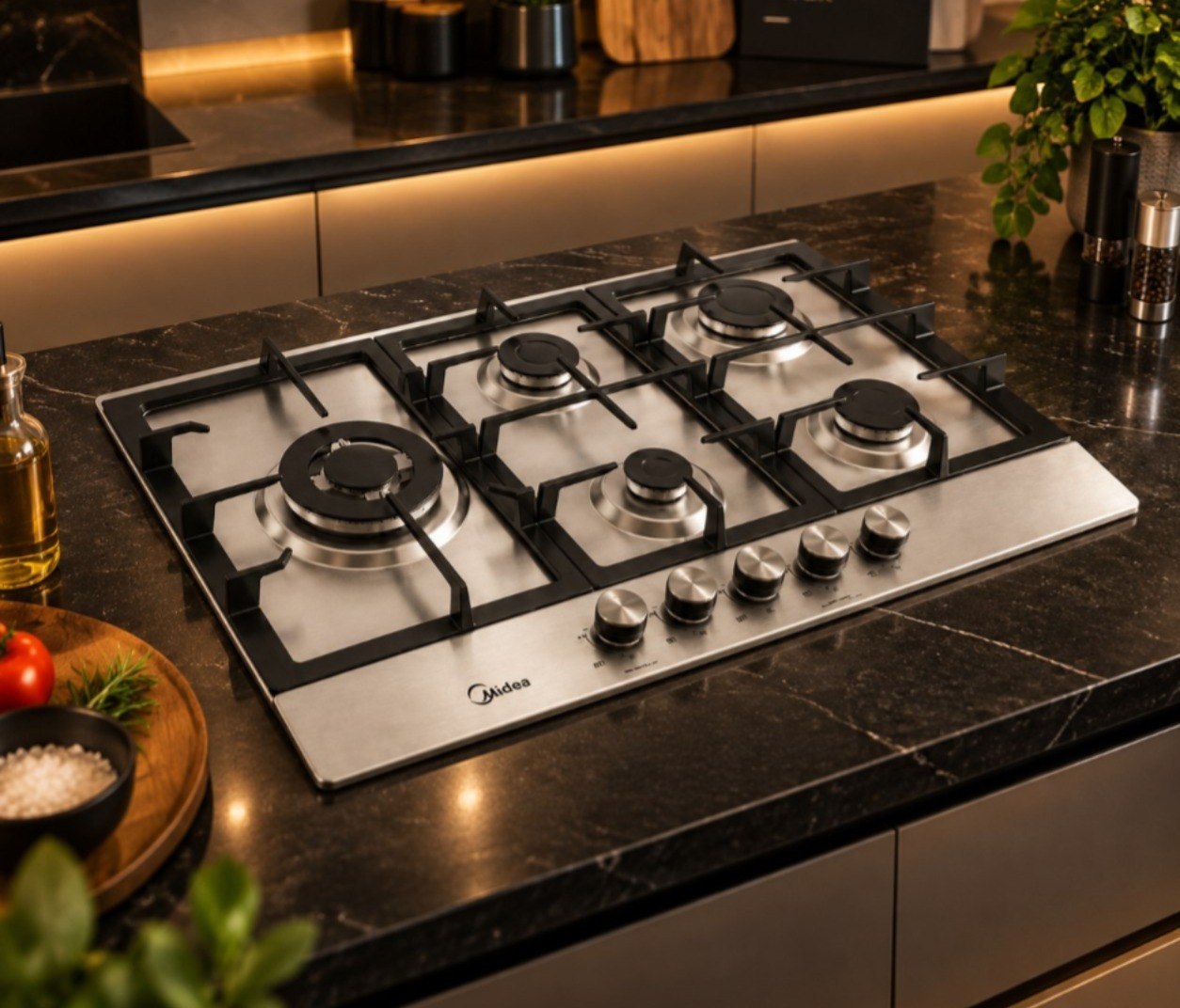 Cooktop 5 Bocas a Gás Inox Grade de Ferro Fundido Midea Bivolt (CYB5B)