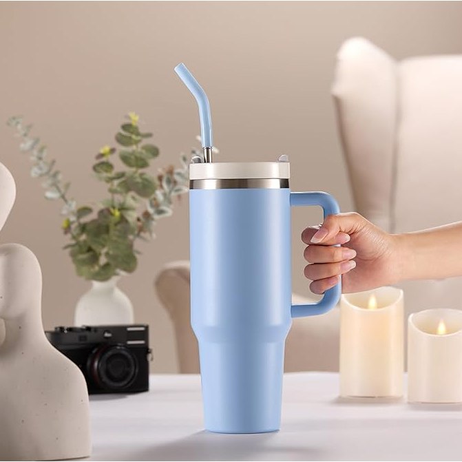 Copo Garrafa Térmica Grande Em Aço Inox Com Alça E Canudo Metal 1200ML