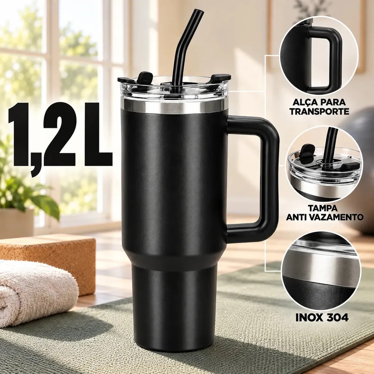 Copo Térmico Caneca Garrafa 1,2L 1200ml Inox Com Alça Tampa Anti-vazamento Canudo Inox Pared...