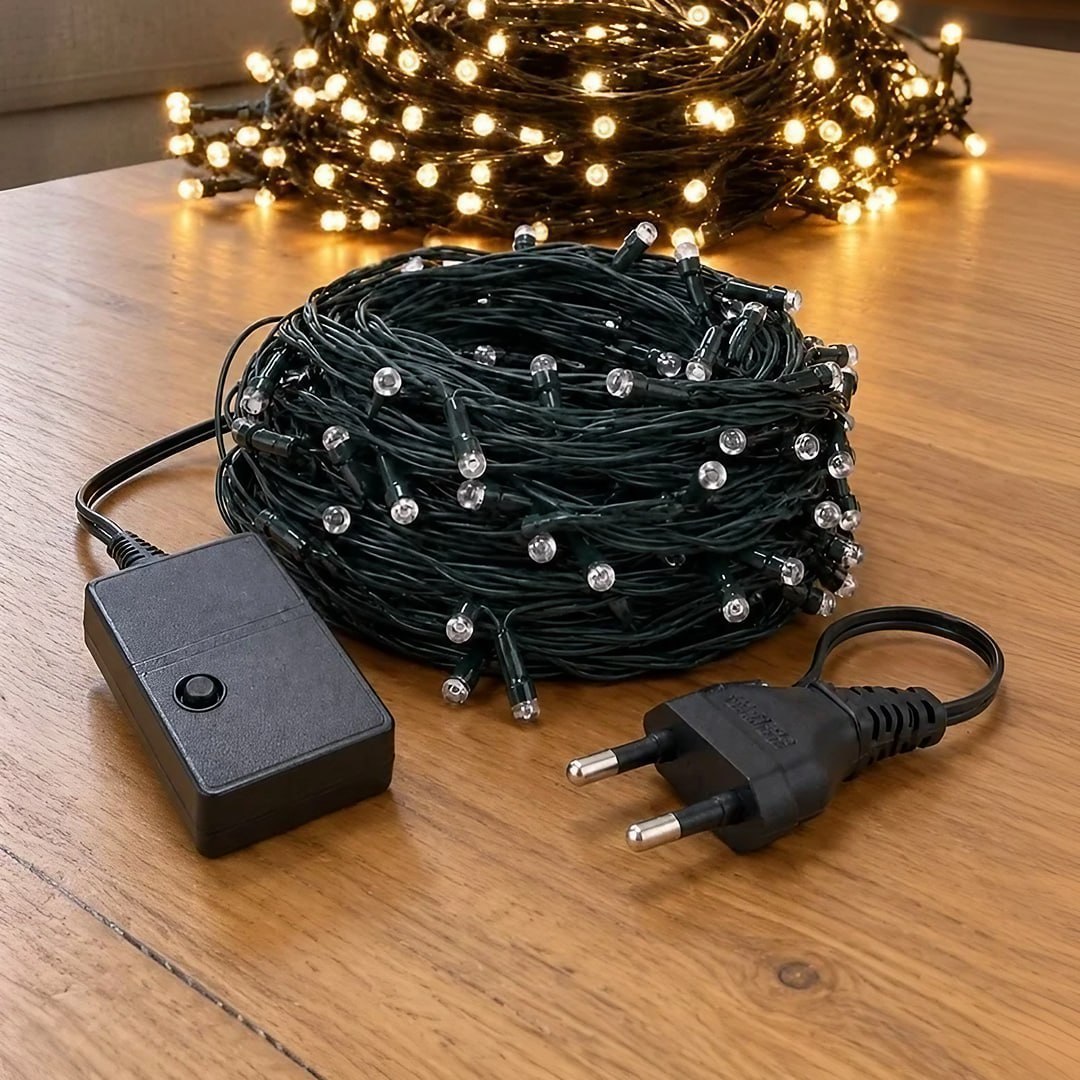 Cordão 200 Leds Pisca 20 Metros 8 Funções V8 Natal Fio Verde