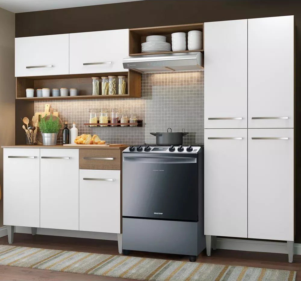 Cozinha Compacta Madesa Emilly Pop Armário Balcão Paneleiro Cor Branco Marrom