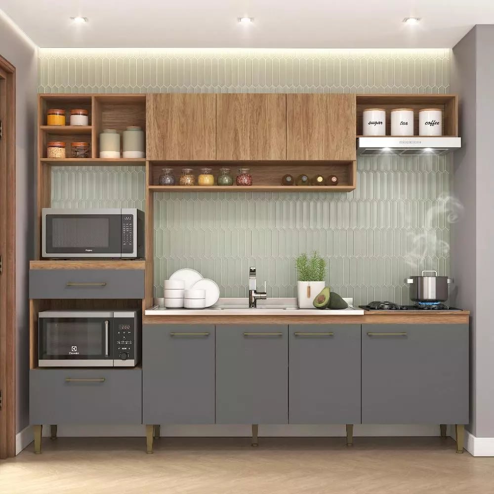 Cozinha Completa Modulada com Armário e Balcão 5 Peças 8 Portas 1 Gaveta 240cm CC120 Cor Mel...
