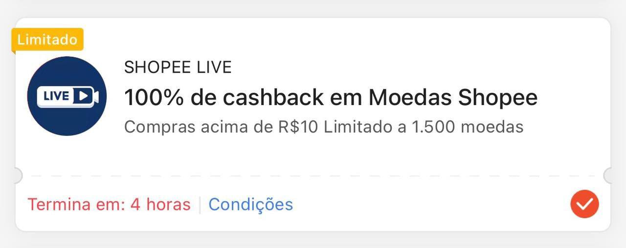 CUPOM 100% DE CASHBACK SHOPEE