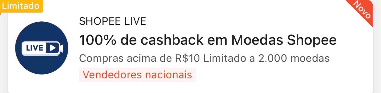 CUPOM 100% DE CASHBACK SHOPEE