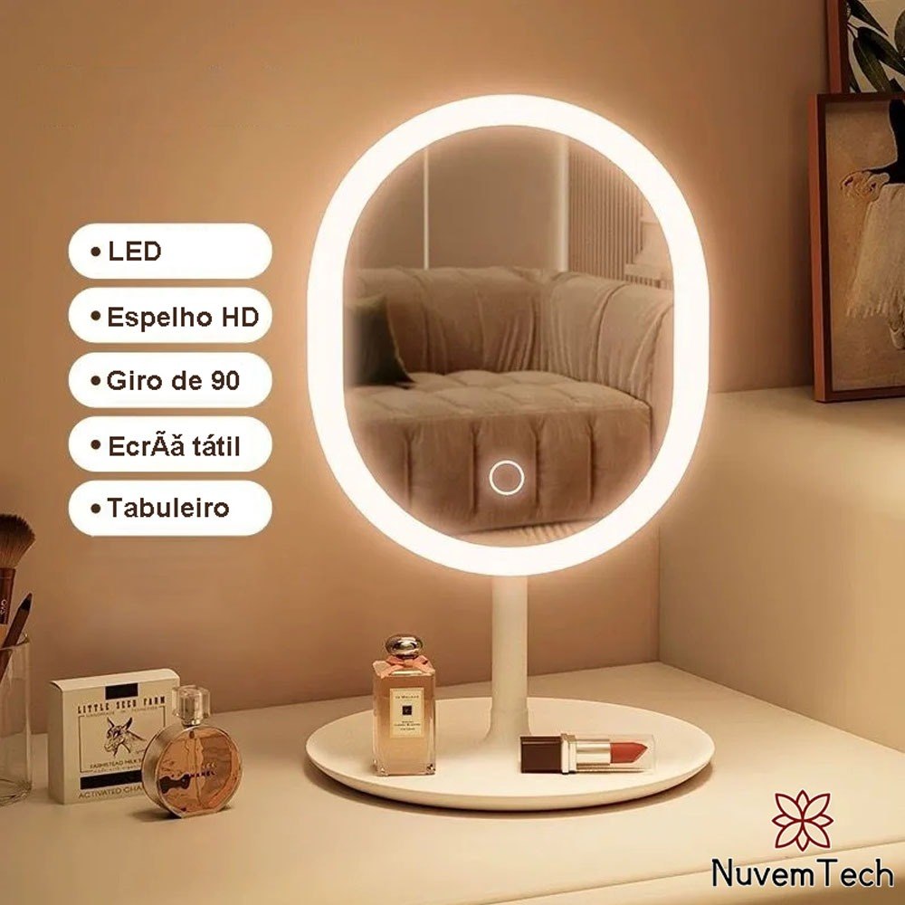 🔥 ESPELHO DE MAQUIAGEM MESA INTELIGENTE COM LUZ LED USB PORTÁTIL DOBRÁVEL AJUSTÁVEL TOUCH OVAL