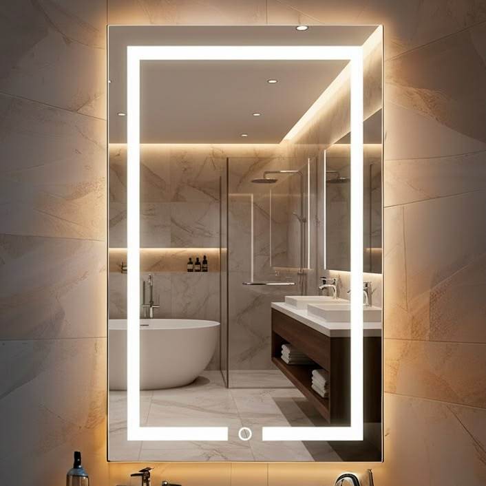 Espelho Jateado Retangular 80x50 cm com LED 3 Cores e Botão Touch para Banheiro Lavabo Pente...