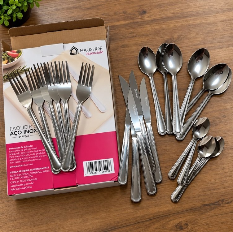 Faqueiro Inox 24 Peças Essenciale Haushop Jogo De Talheres Conjunto Mesa Posta Premium Resis...