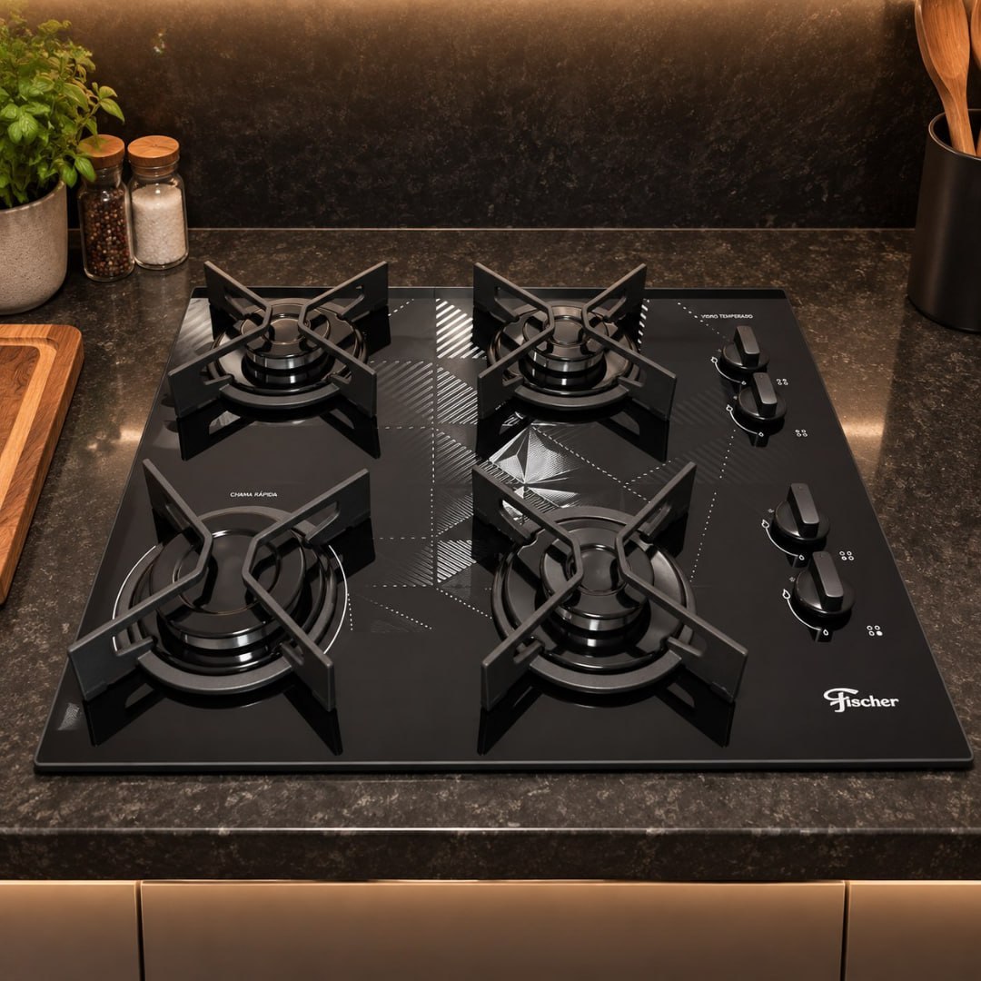 Fischer Cooktop à Gás 4 Bocas Fit Line Mesa Vidro Chama Rapida Trempe Iron Preto Bivolt
