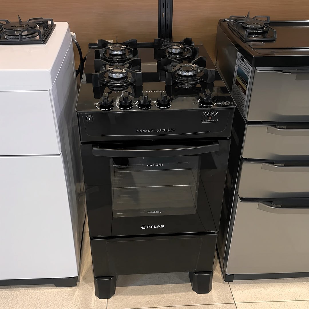 Fogão 4 Bocas Atlas Mônaco Top Glass com Mesa de Vidro e Acendimento Automático Preto Bivolt