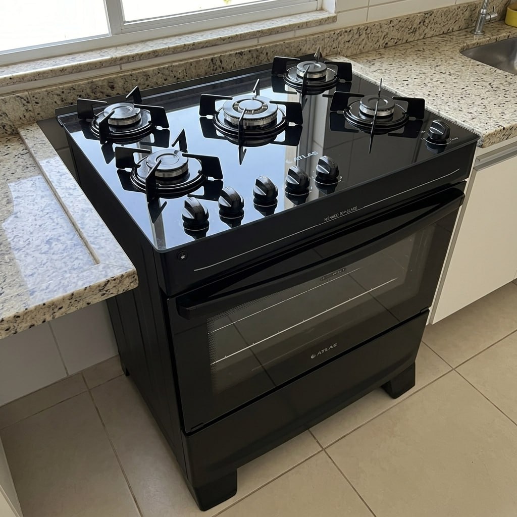 Fogão Atlas 5 Bocas preto Mônaco Top Glass com Acendimento automático