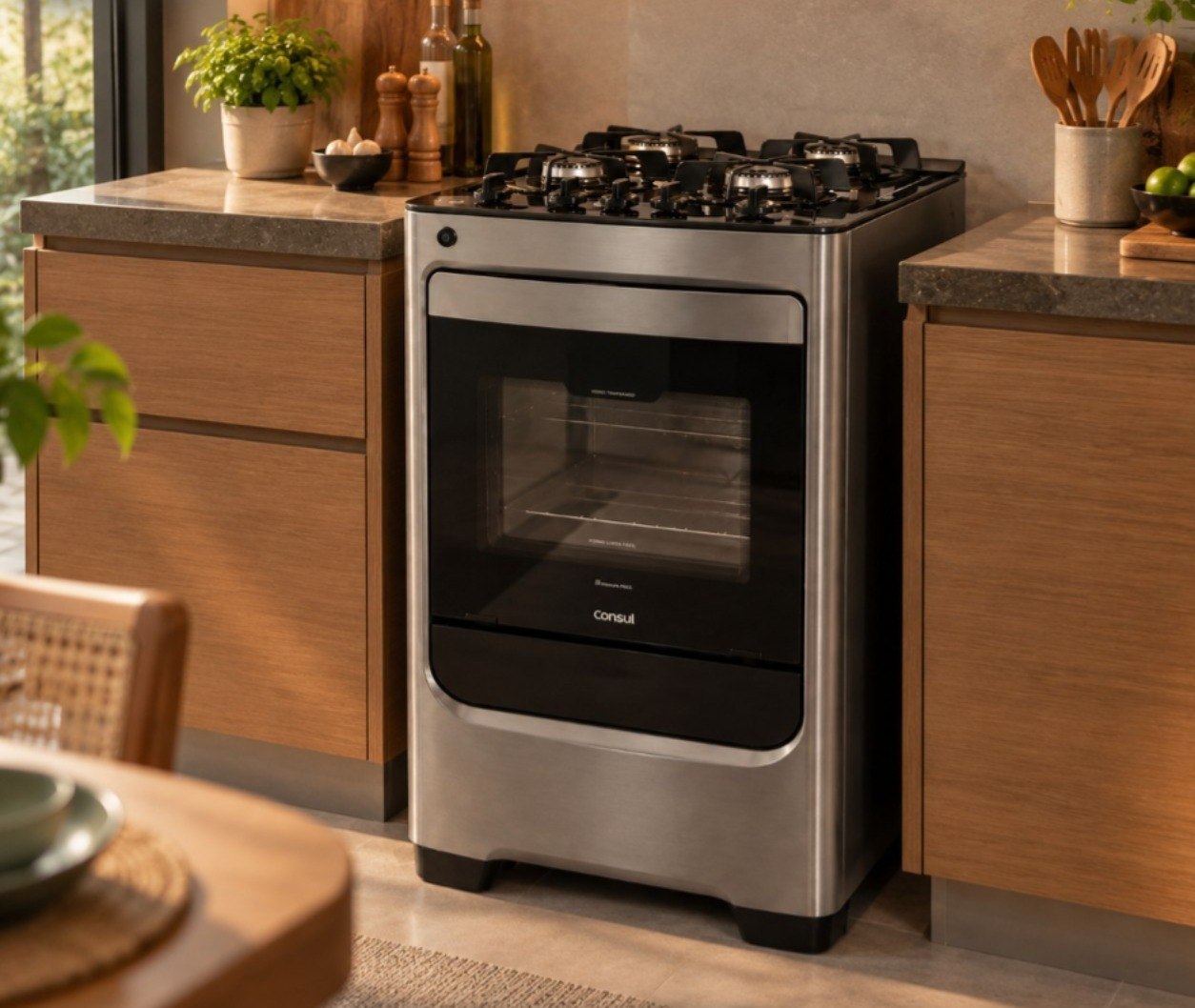 Fogão Consul 4 Bocas Inox com Mesa de Vidro forno 58L Bivolt (CFO4VAR)