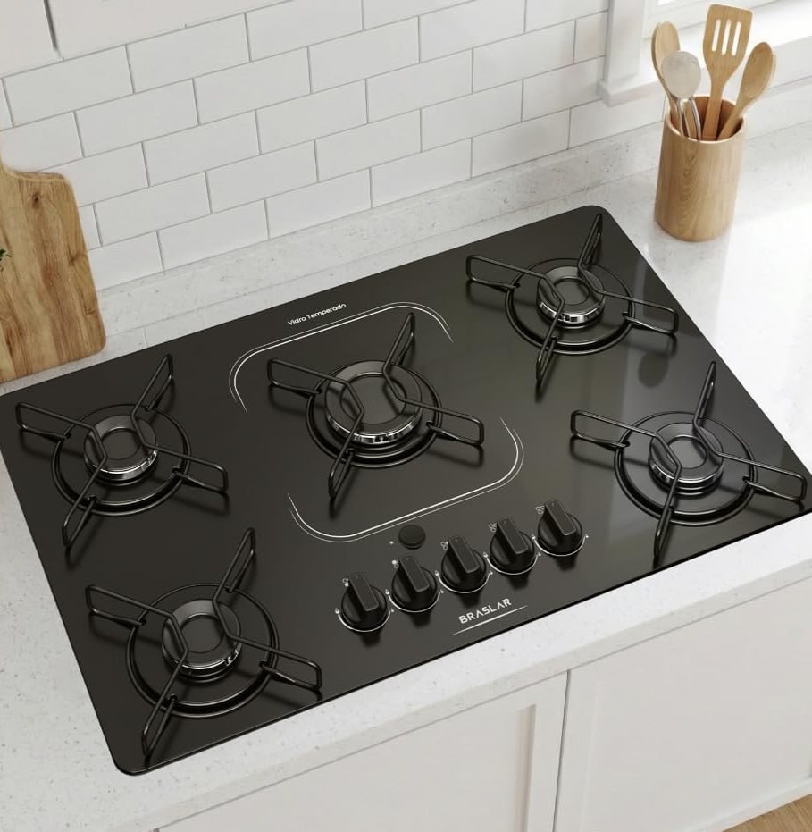 Fogão Cooktop alimentação gás - Braslar 5 bocas cor preto - Bivolt de Embutir
