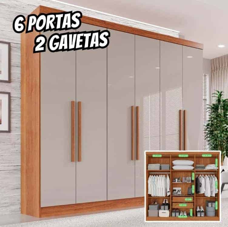 Guarda-roupa Casal 6 Portas 2 Gavetas França Cinamomo/Off White