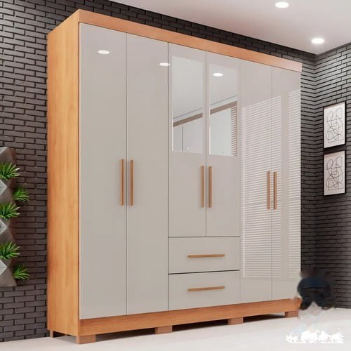 ➡️ Guarda-roupa Casal com Espelho 6 Portas 2 Gavetas Sallêto Cinamomo/Off White