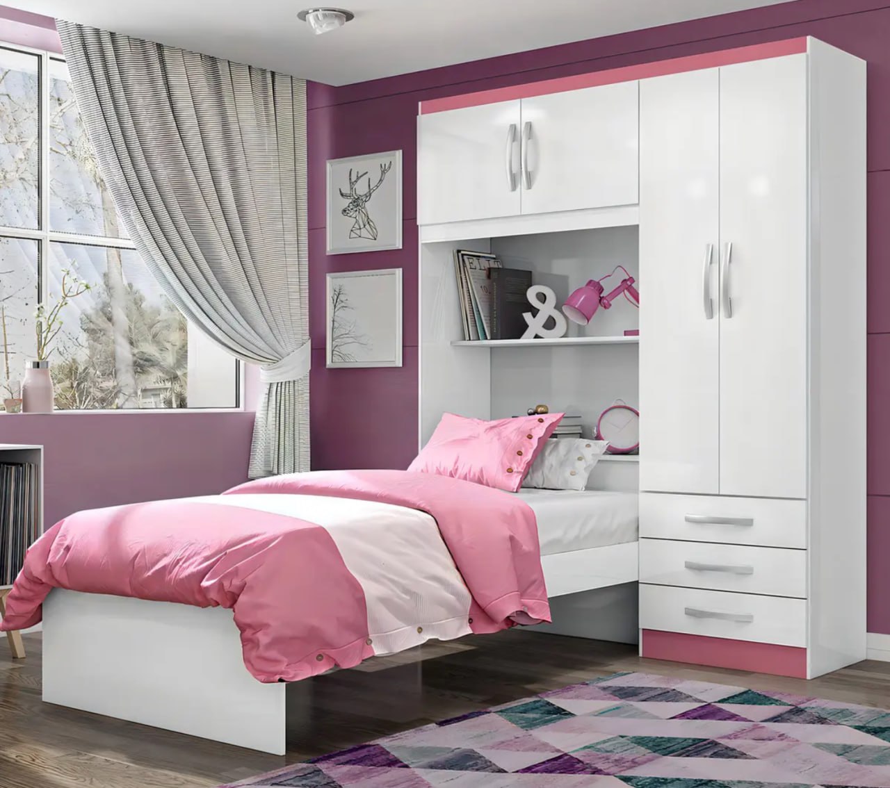 Guarda Roupa Infantil Menina com Cama 4 Portas 3 Gavetas Espresso Móveis Branco/Pink