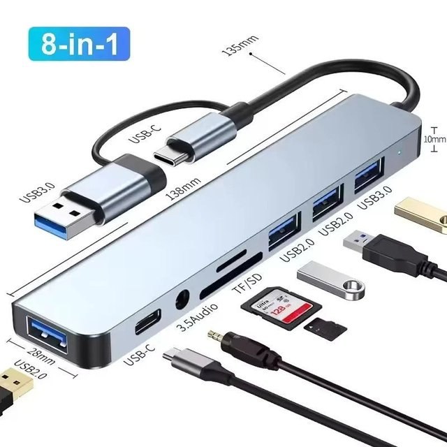 ⚠️ HUB USB TYPE C 8 EM 1 COM LEITOR DE CARTÃO DIVISOR 3.0 2.0 SD TF DOCKING STATION BOMBOM