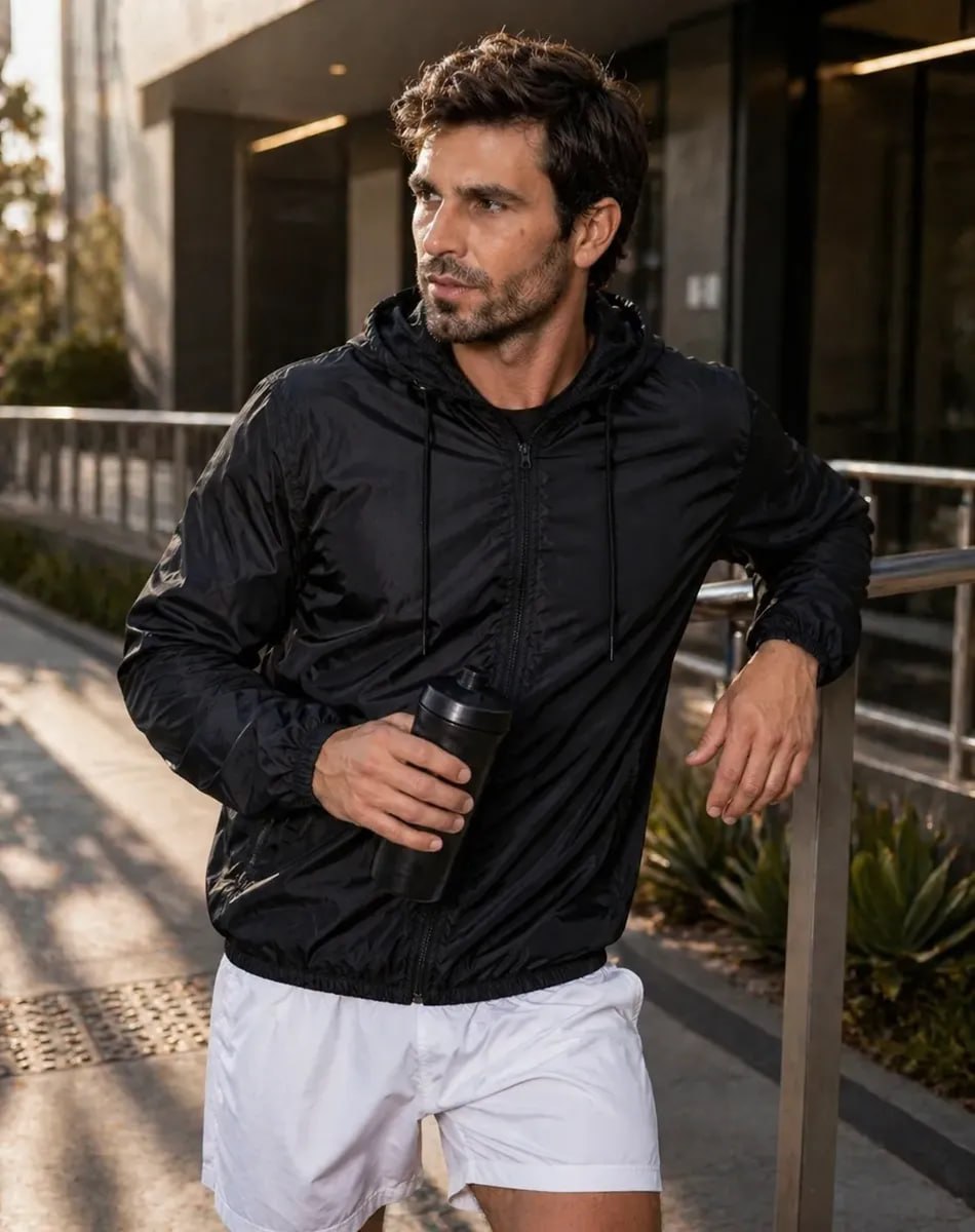 Jaqueta Corta Vento Masculina Impermeável Capuz Zíper Bolso