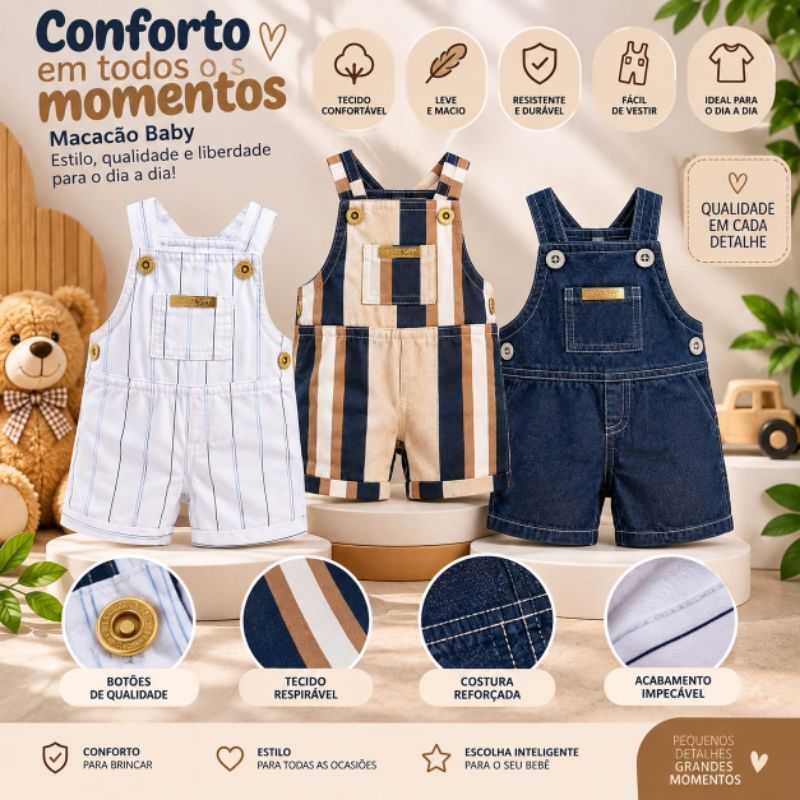 Jardineira Bebê Menino 3 a 6 Meses Macacão Infantil Curto Roupinha Masculina Verão Passeio F...