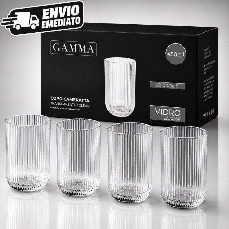 Jogo 4 Copos Canelados Cameratta 450ml de Vidro Transparente e Resistente