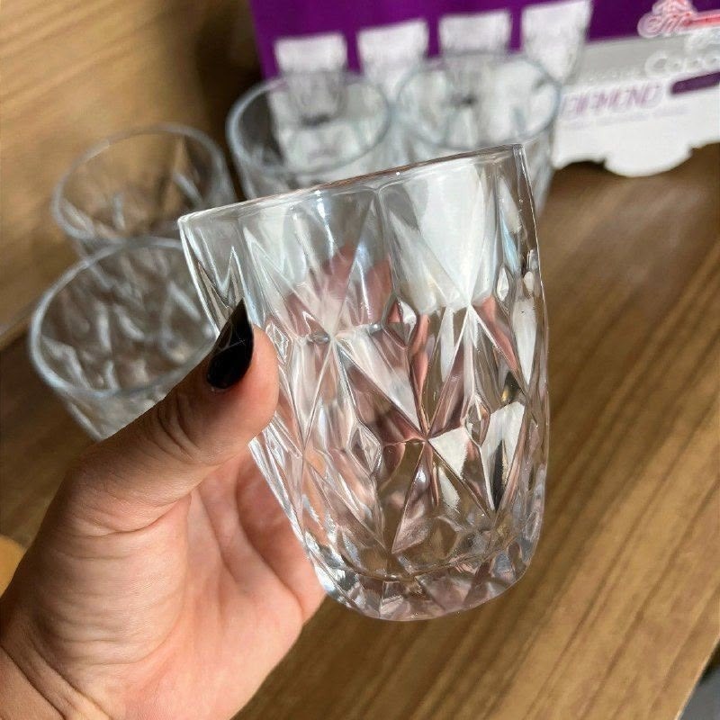 Jogo 6 Copos Baixos Diamond 300ml Vidro Grosso Diamante Luxo