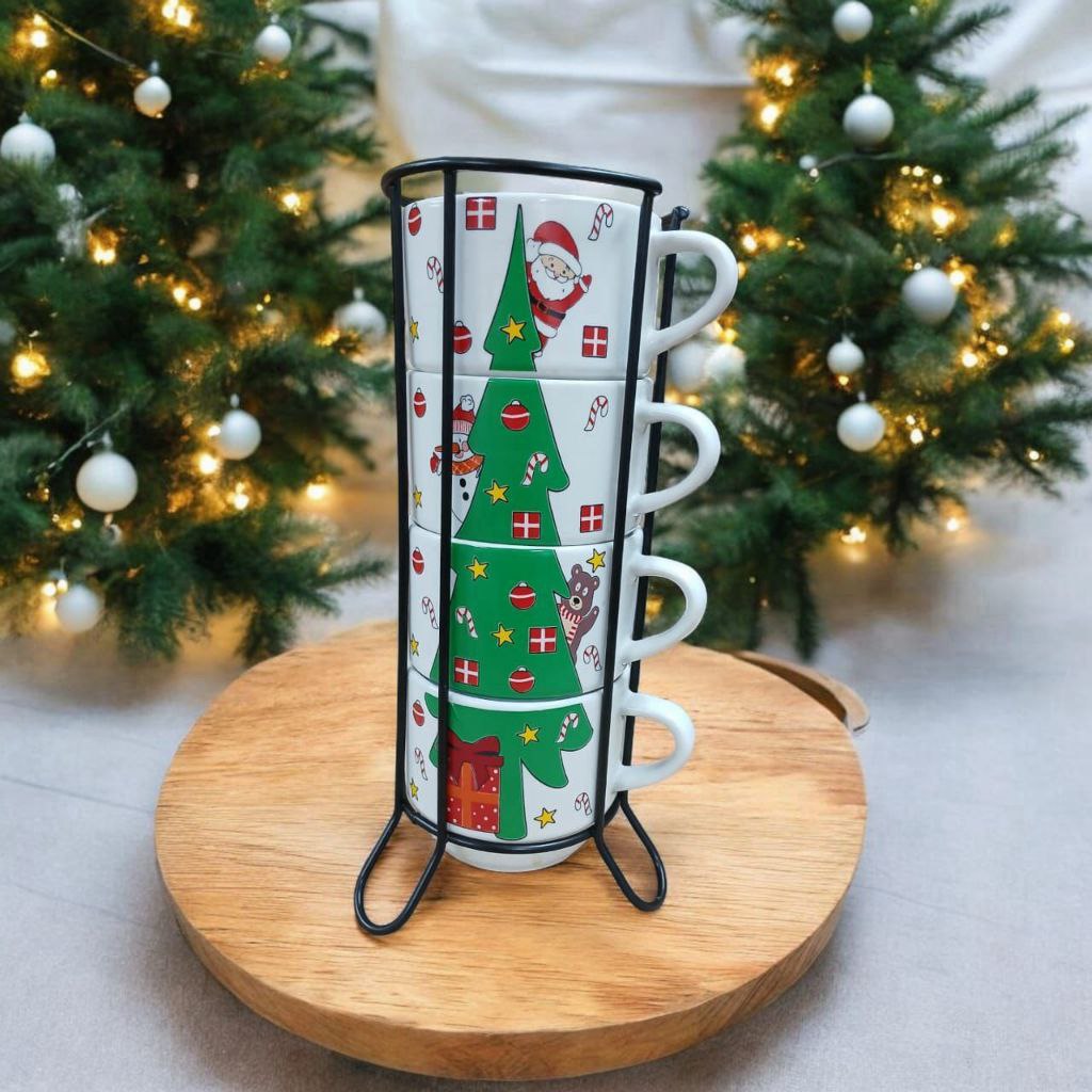 Jogo De 4 Xicaras 210ml Café Chá Porcelana Arvore de Natal Com Suporte de Metal