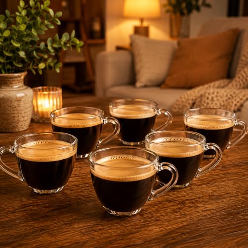 Jogo de Xícaras de Café em Vidro Transparente, 90ml, com Alça Ergonômica, para Expresso e Ca...