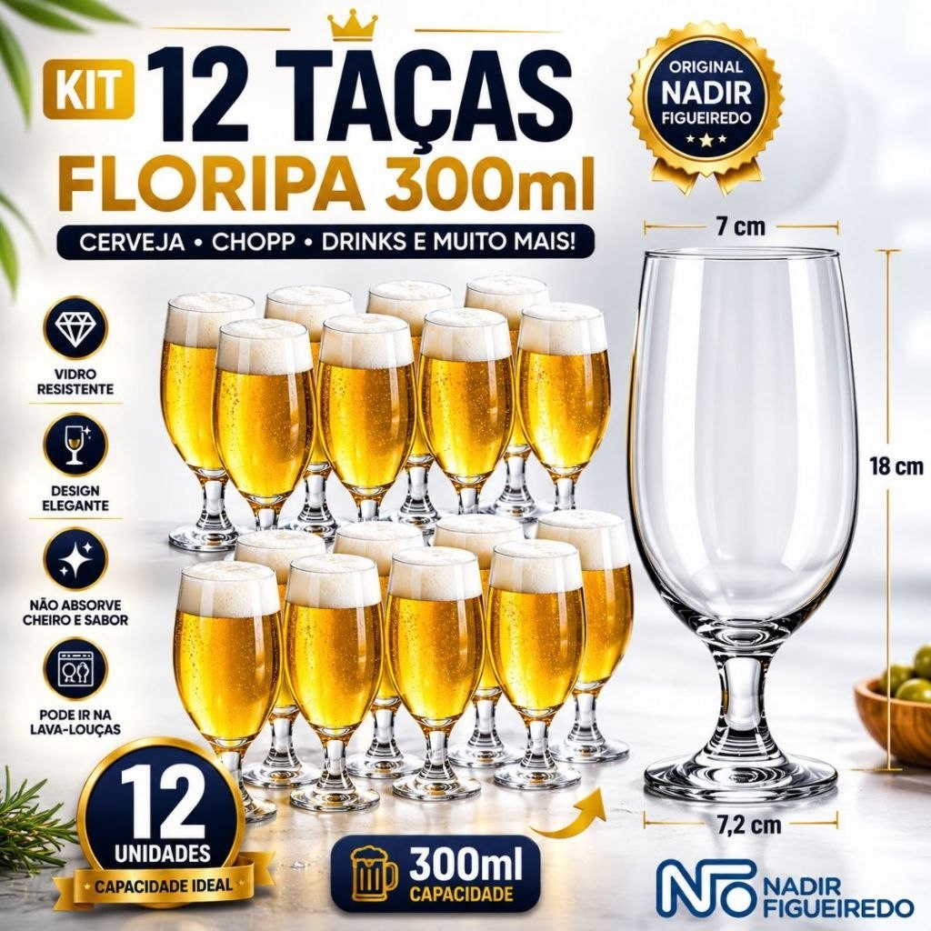 JOGO TAÇAS DE VIDRO FLORIPA 300ML CERVEJA CHOPP NADIR