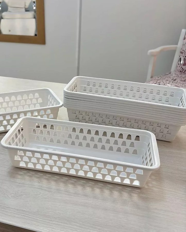 Kit 10 Cesto Organizador Multiuso Gaveta Retangular Branco Rosa Cestinho