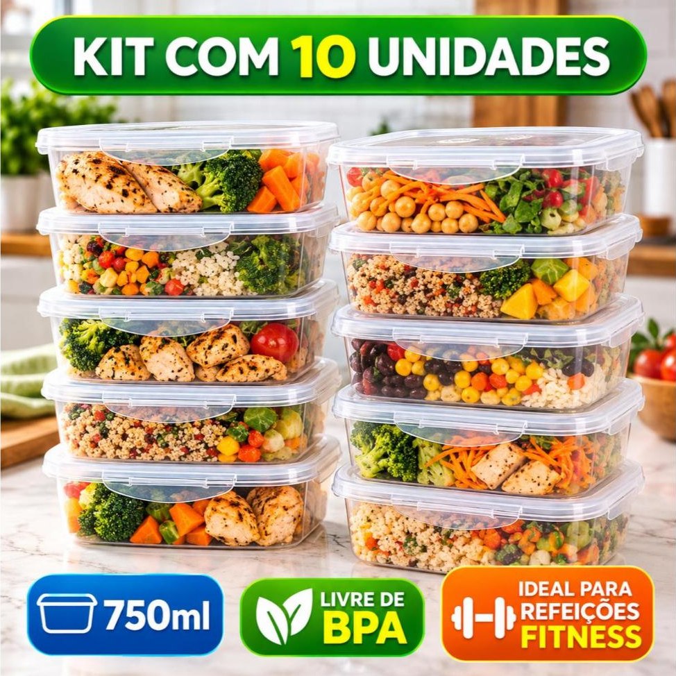Kit 10 Marmitas Potes 750ml Travas Laterais Hermeticas Livres de BPA Alimentos Organiza Cong...