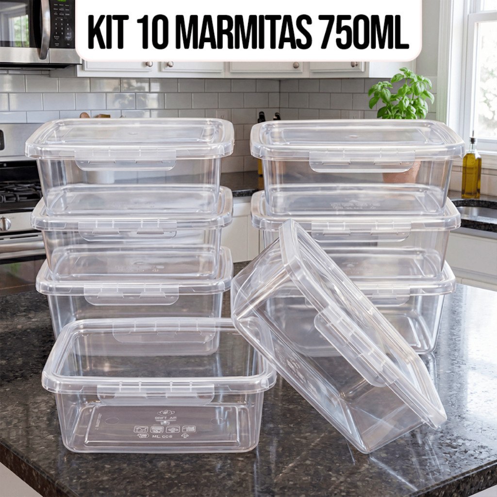 Kit 10 Marmitas Potes 750ml Travas Laterais hermeticas - Livres de BPA Alimentos organiza co...