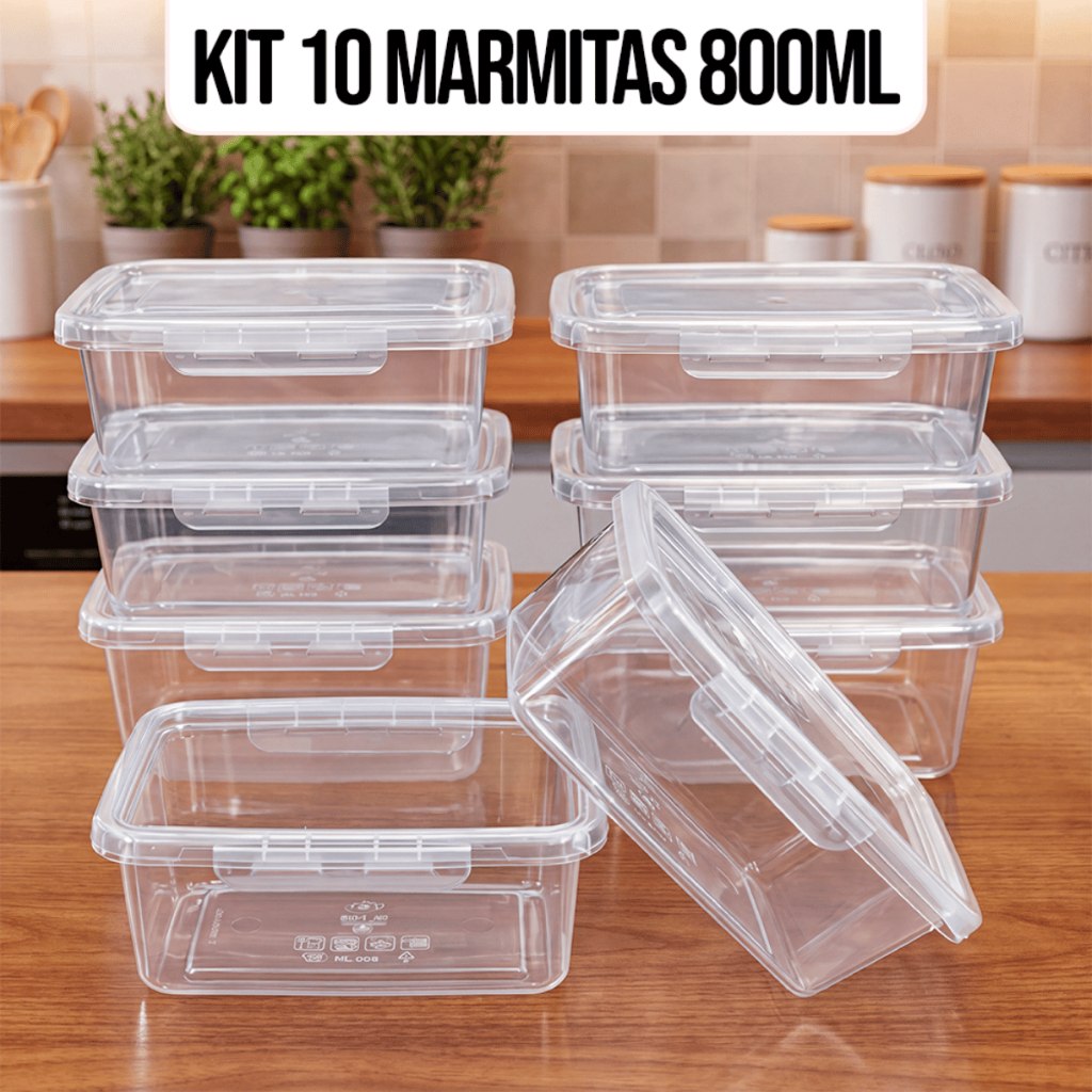 Kit 10 Marmitas Potes 800ml Travas Laterais hermeticas - Livres de BPA Alimentos organiza co...