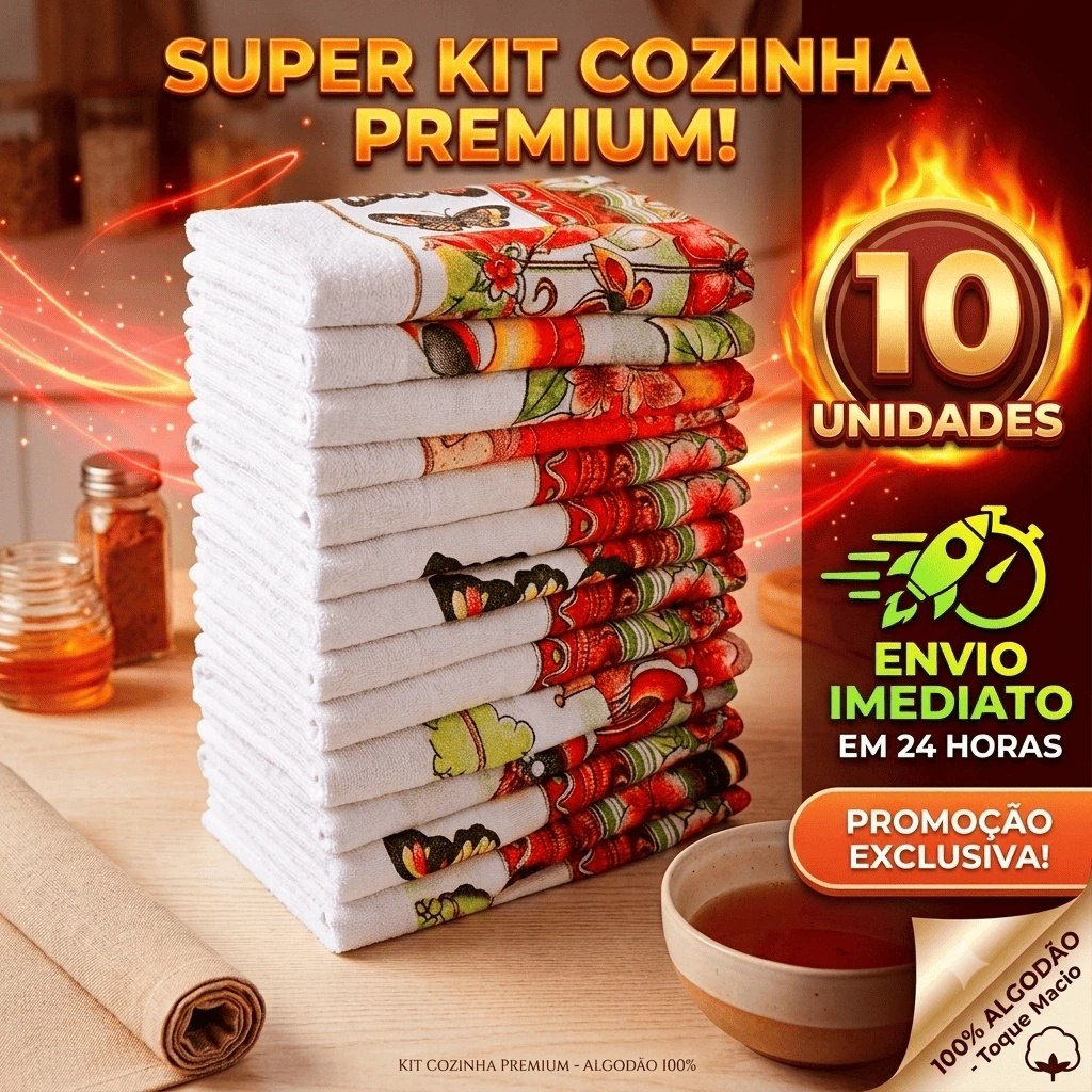 Kit 10 Panos de Prato Pé de Galinha 100% Algodão 38x69cm Estampado Alta Absorção Cozinha - E...