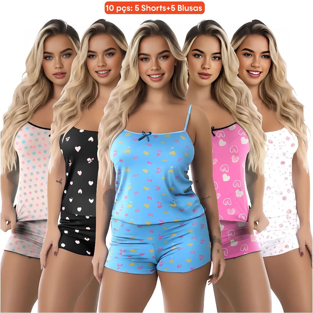 🔥 KIT 10 PEÇAS (5 CONJUNTOS) SHORT DOLL CONJUNTO PIJAMA FEMININO BABY DOLL 5 BLUSAS E 5 SHORTS