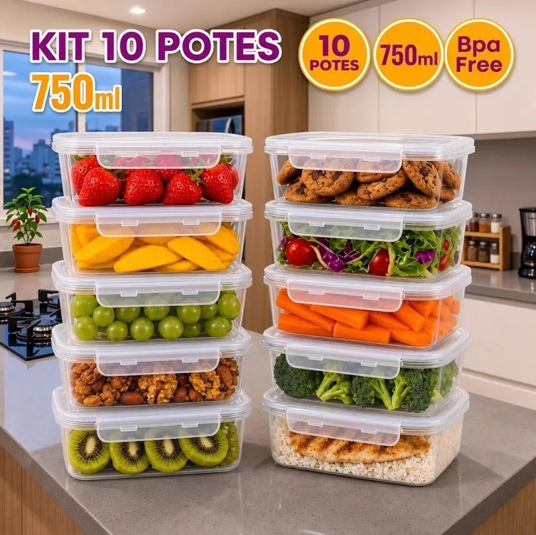 Kit 10 Potes 750ml com Tampa Trava Plástico Transparente para Mantimentos e Alimentos Marmit...