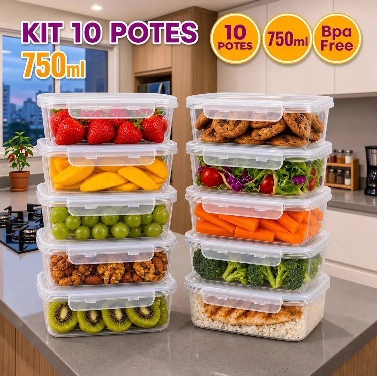 Kit 10 Potes 750ml Herméticos Travas Marmita Reutilizável*