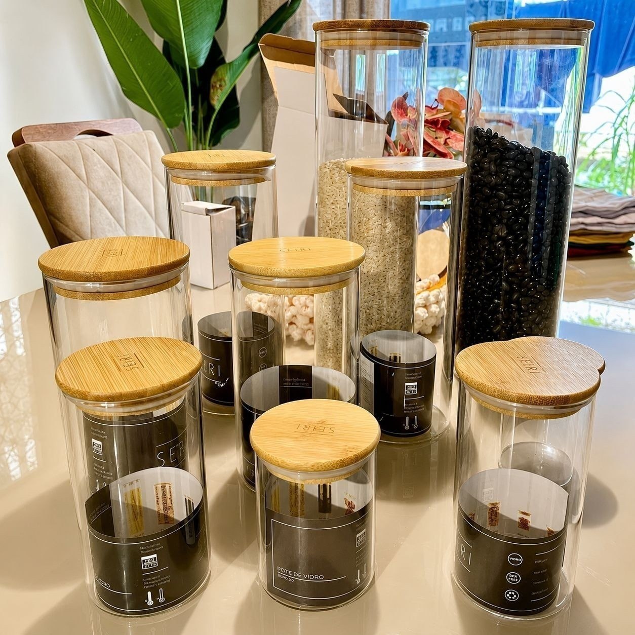 Kit 10 Potes Herméticos Vidro Tampa Bambu Seiri Para Mantimentos Cozinha
